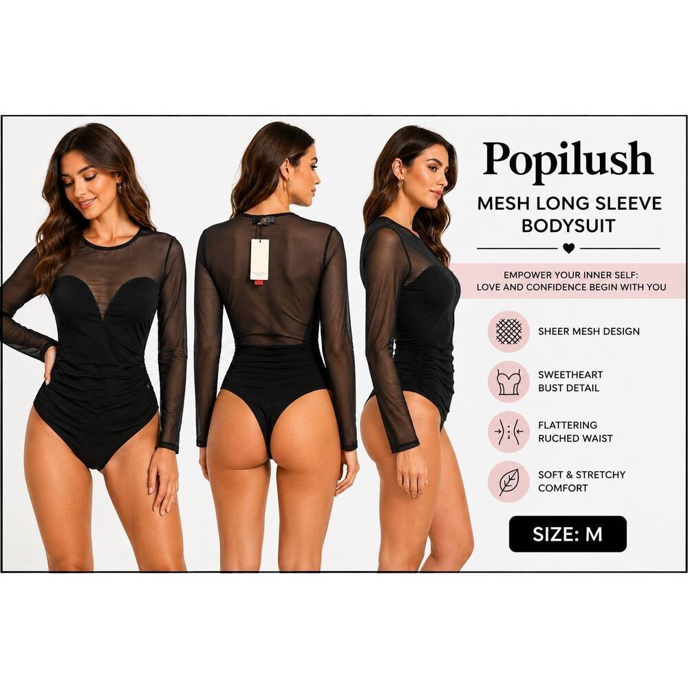 Popilush Black Mesh Long Sleeve Shapewear Bodysuit Size M NWT